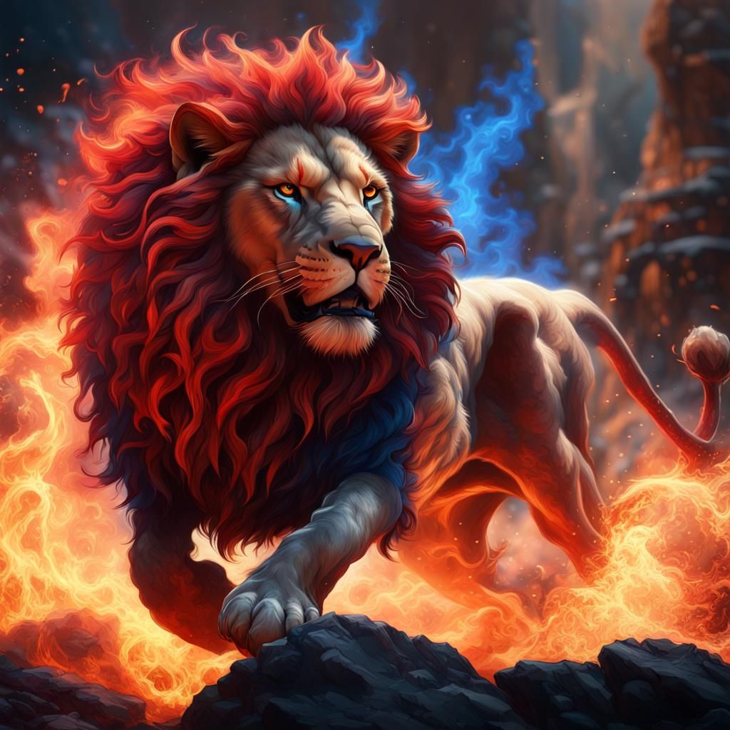 Majestic Lion Leaping Through Fire, Digital Art