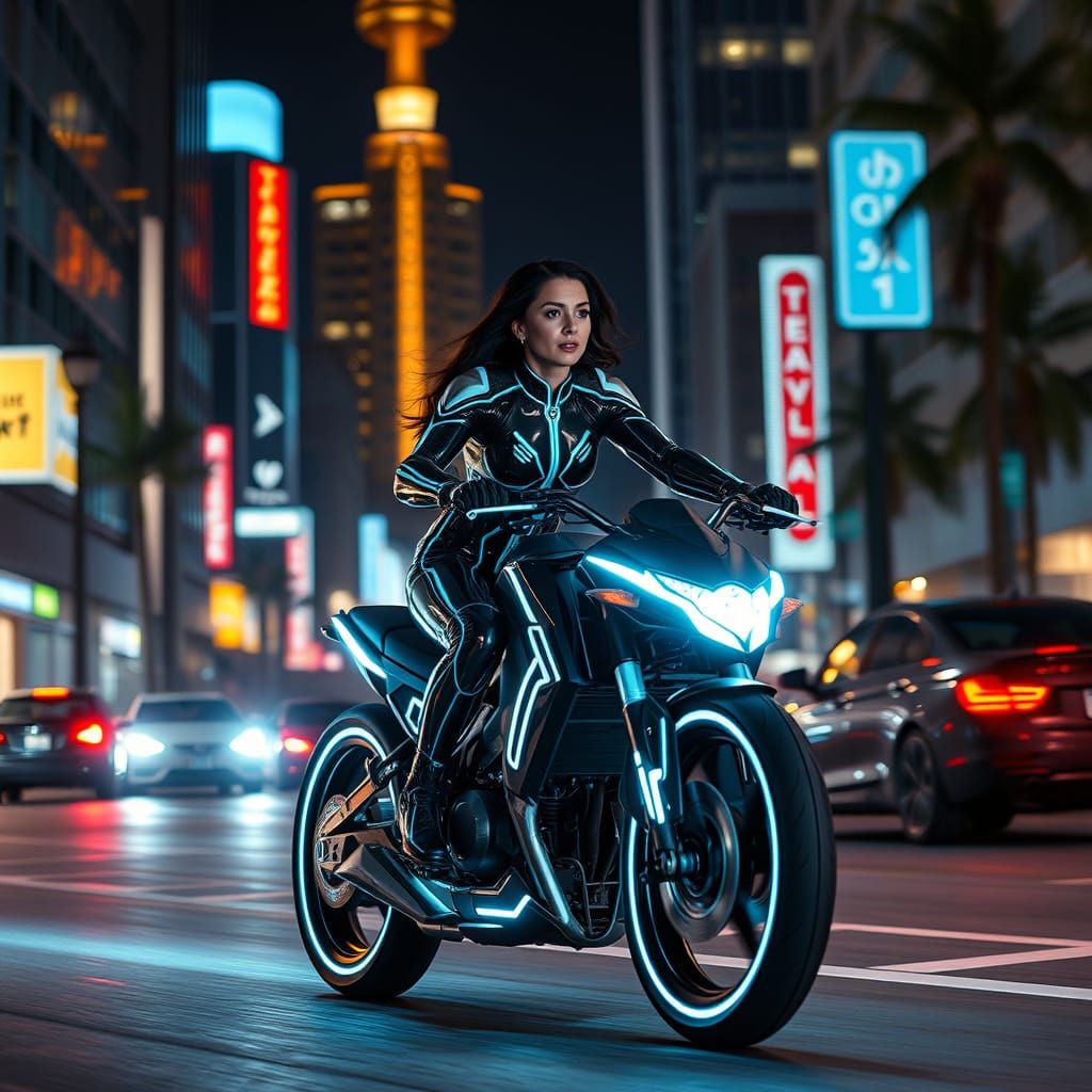 Tron-Inspired Woman Rides Light Cycle in Cyberpunk LA