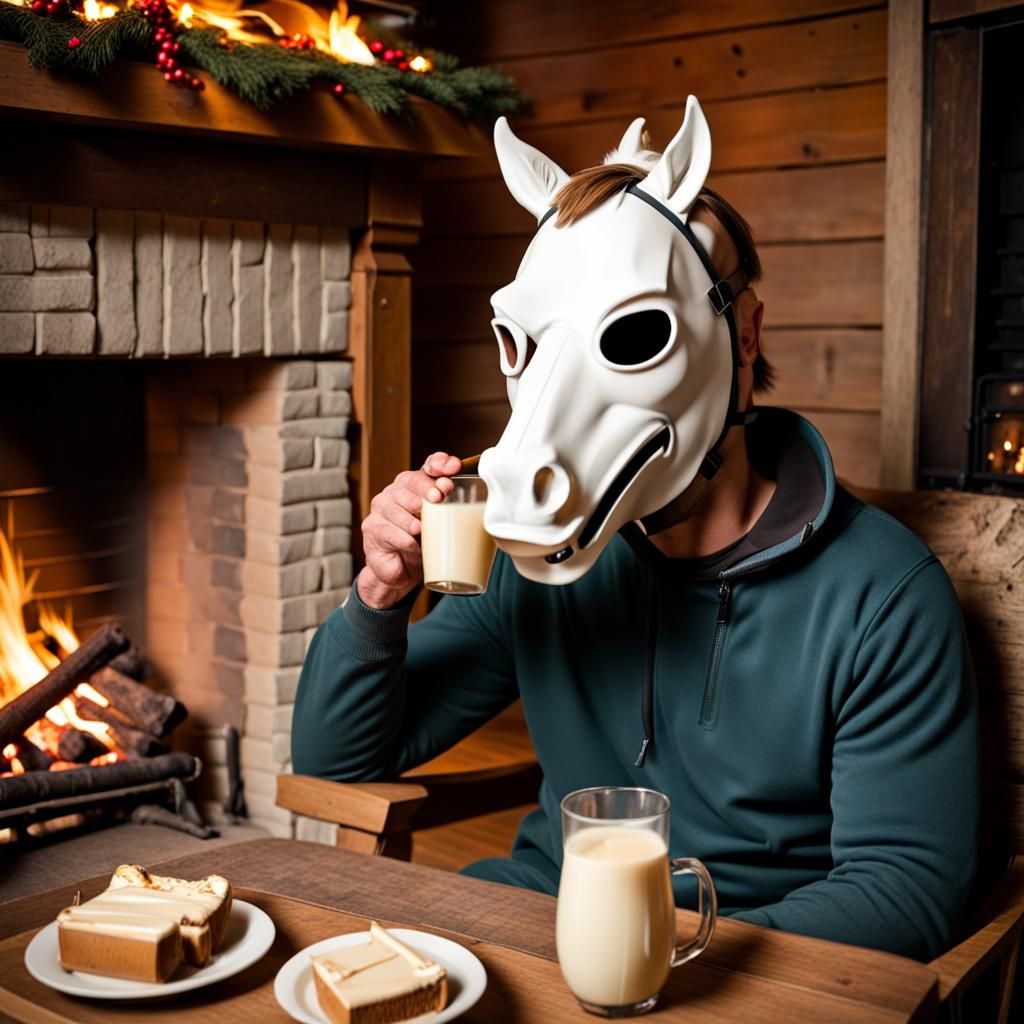 Horse Head Mask Sipping Eggnog by Fire