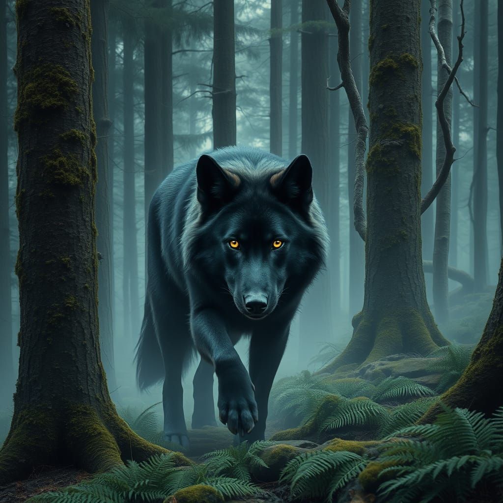Majestic Black Wolf in a Misty Forest