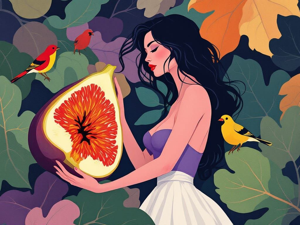 Woman Holding Fig in Tropical Orchard, Modernist Surrealism