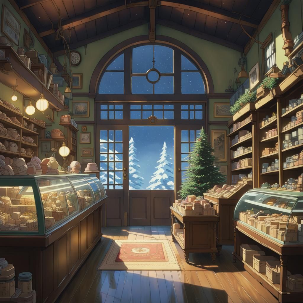 Festive Christmas Toy Shop in Anime Style