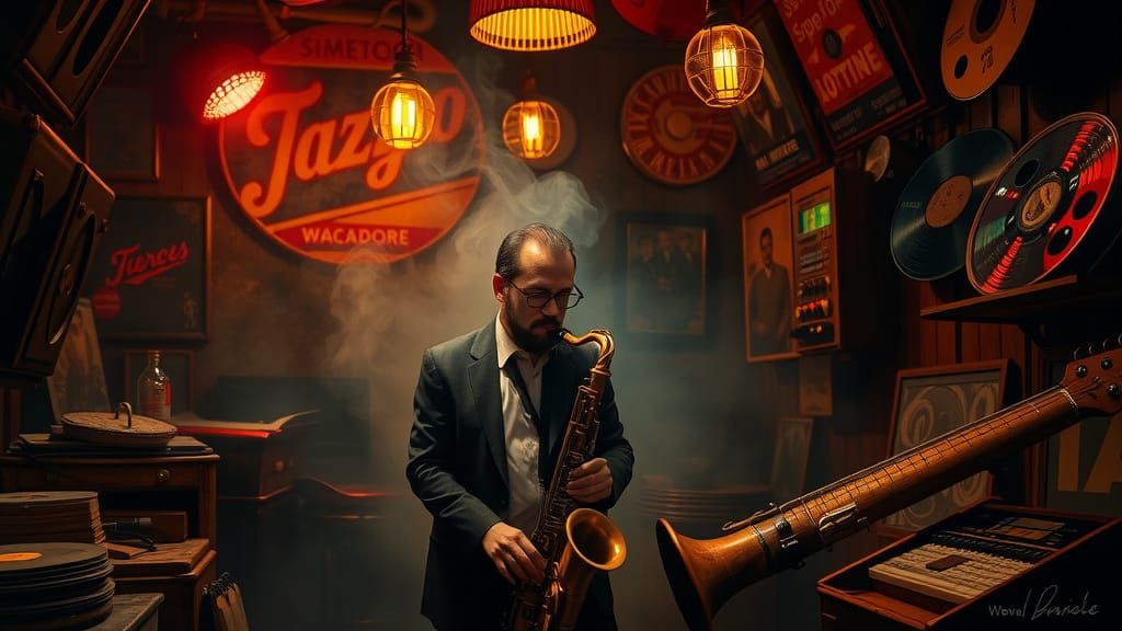 Saxophonist in a Smoky Jazz Club