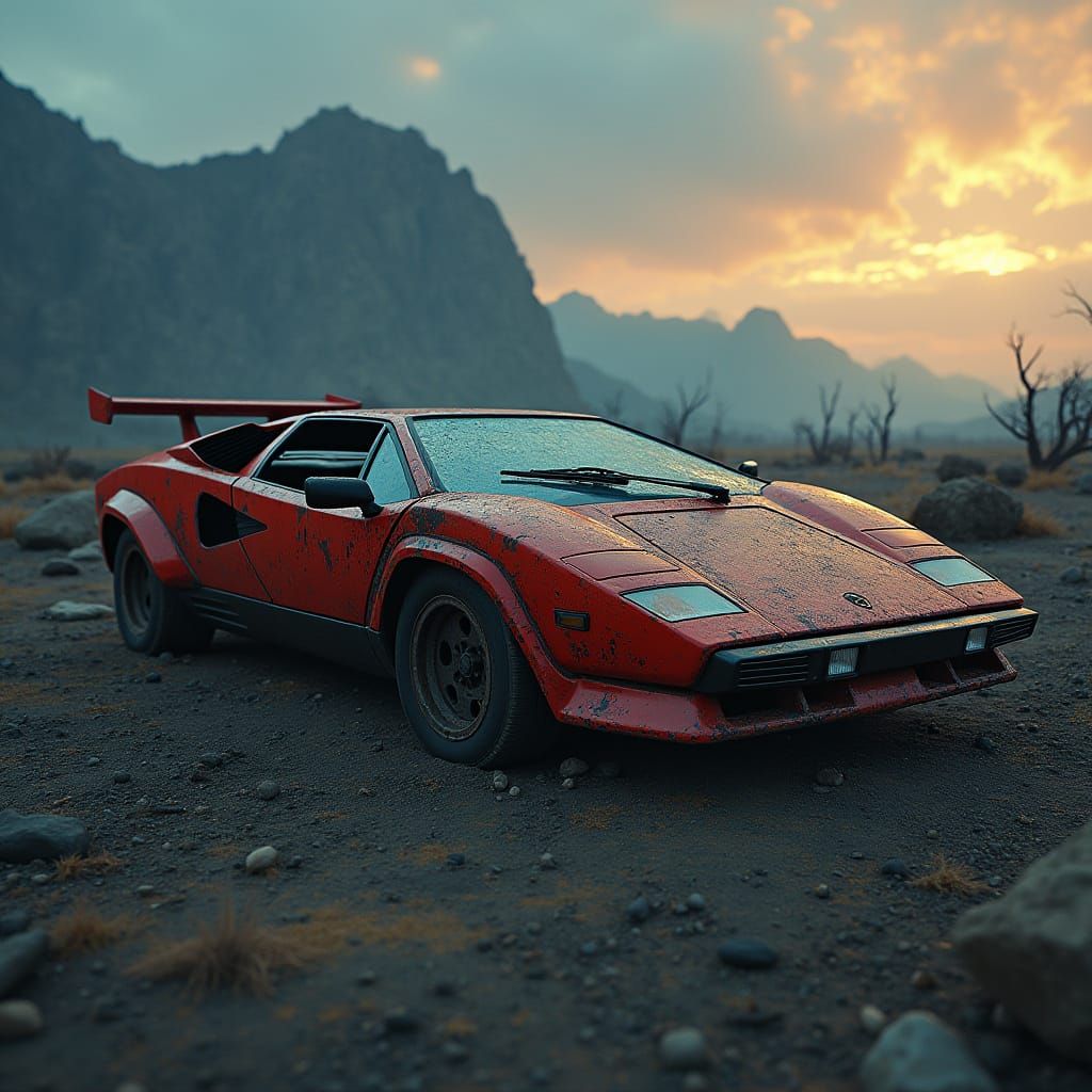 Rusted Lamborghini in Post-Apocalyptic Landscape