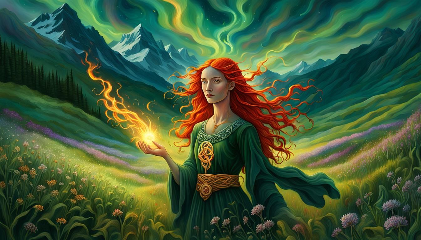 Radiant Brigid in Meadow: Visionary Surrealism