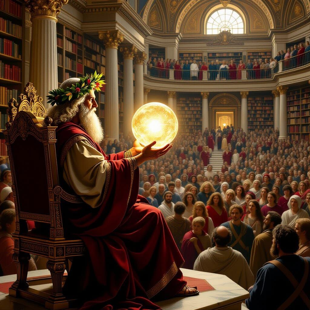 Wise Scholar on Throne with Orb of Knowledge in Renaissance ...