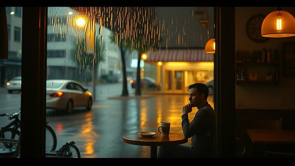 Cozy Coffee Shop Interior on Rainy Day