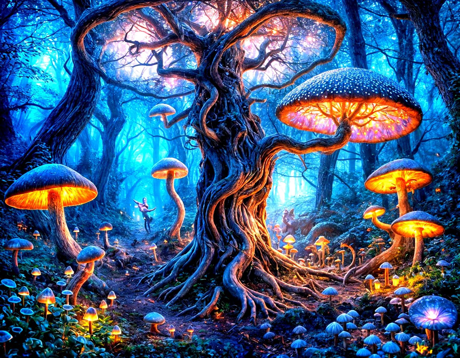Twilight Enchanted Realm with Glowing Mushrooms and Ethereal...