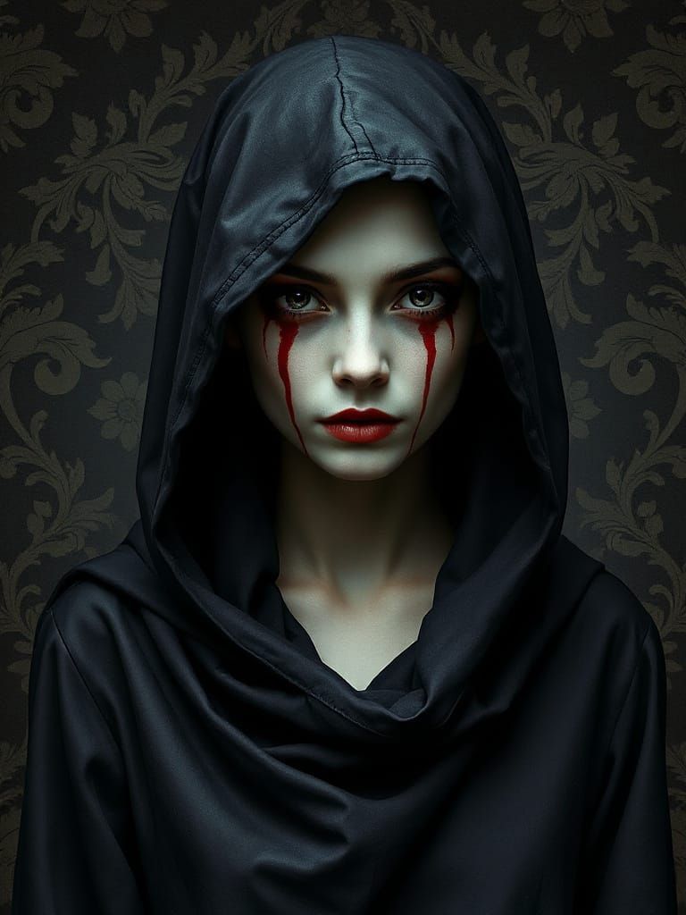 Eerie Female Figure in Dark Hooded Garment