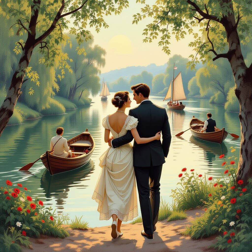 Happy Couple Enjoys Evening River Scene