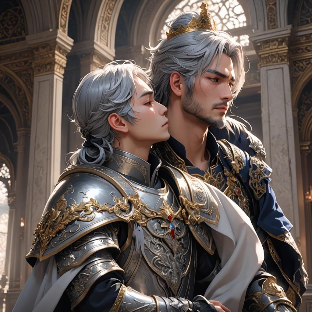 Warrior and King's Loving Embrace in Anime Style