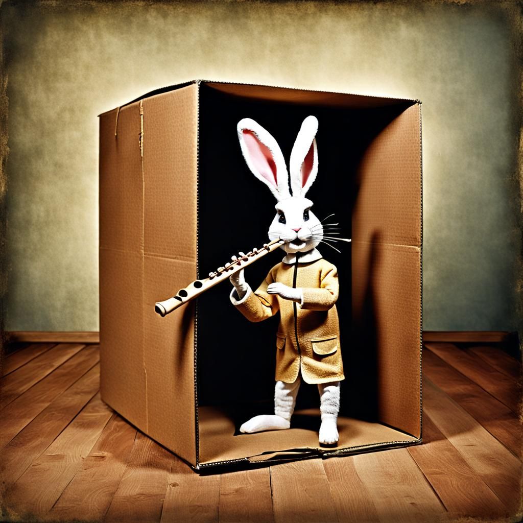 Vintage Photo of Rabbit Flautist in Cardboard Box