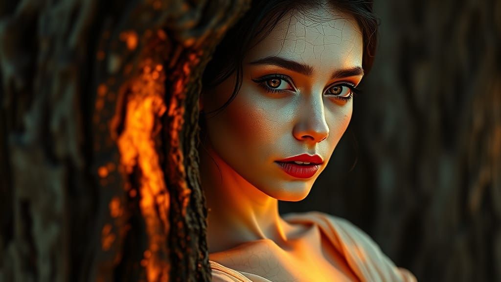 Mysterious Woman Behind Tree Trunk in Vibrant Stained Glass ...