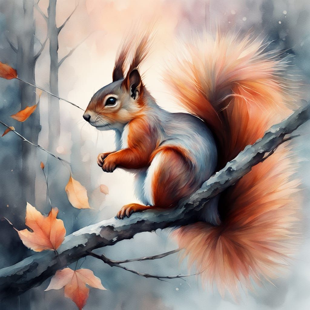 Watercolor Squirrel in Autumn Storm