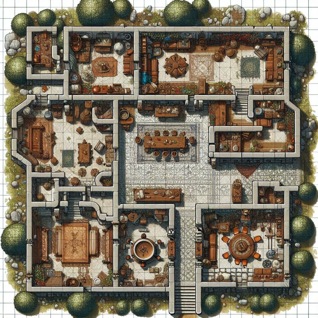 Detailed Top-View RPG Fantasy Mansion Map