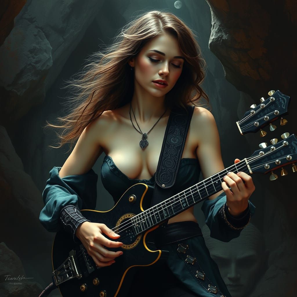 Bare-Chested Woman Playing Guitar in a Cave