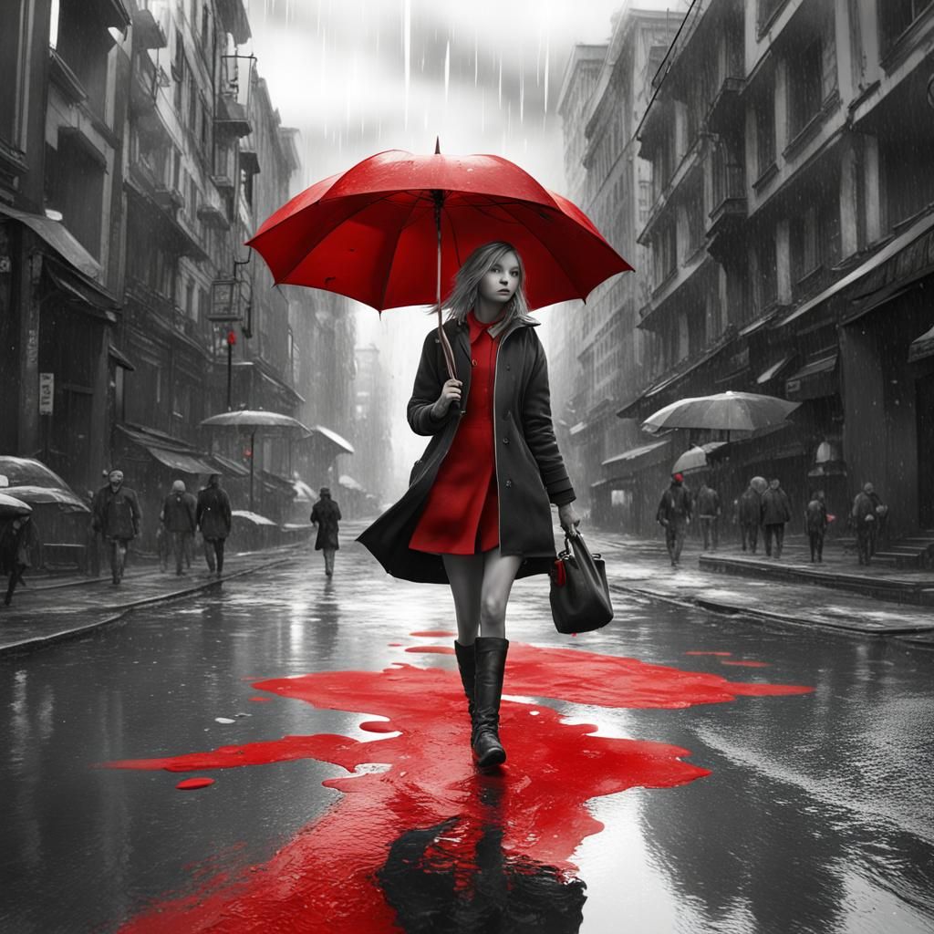 Girl Splashing in Red Puddle: Detailed Matte Painting