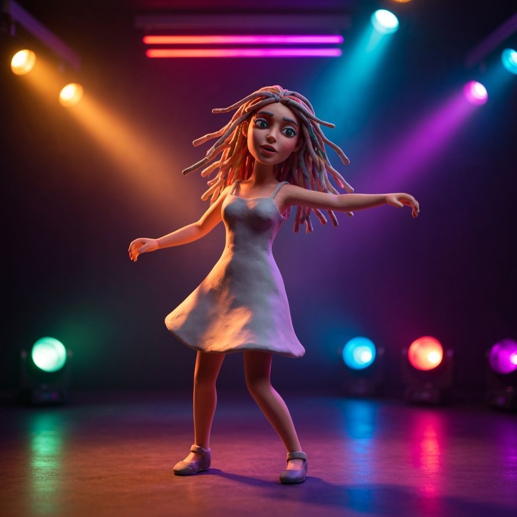 Clay Woman Dances in Neon Nightclub: Stop-Motion Style