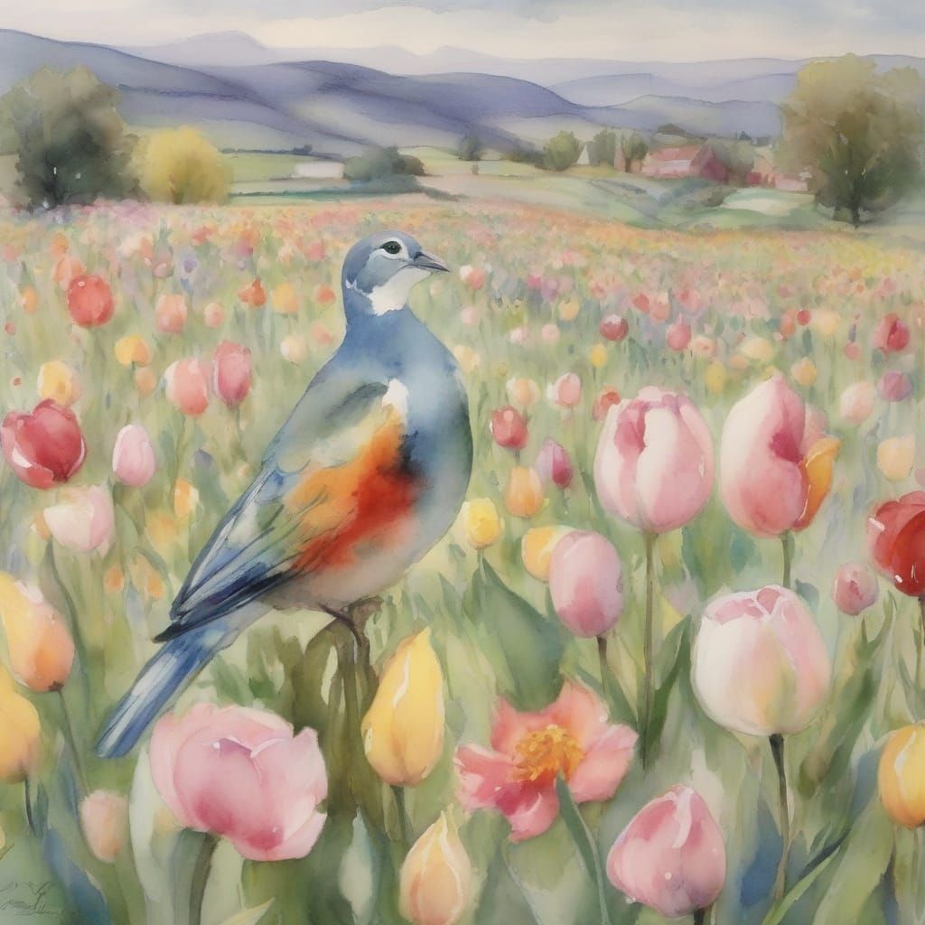Turtle Doves in a Vibrant Tulip Field, Soft Impressionist Pa...