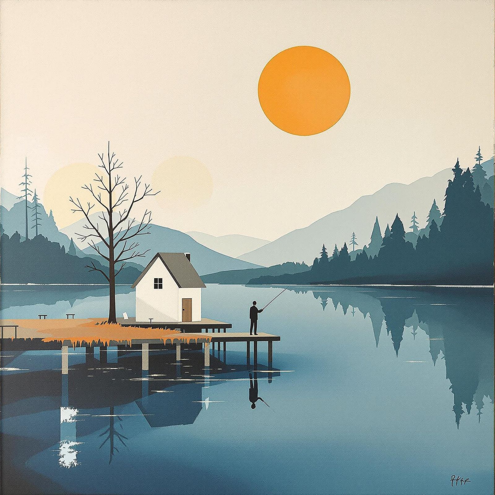 Serene Lake Scene in Abstract Minimalism