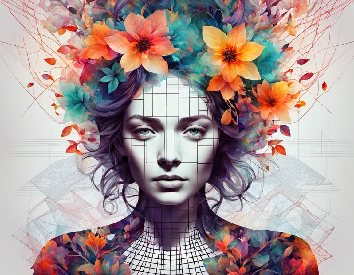 Abstract Woman Portrait with Flowering Branches