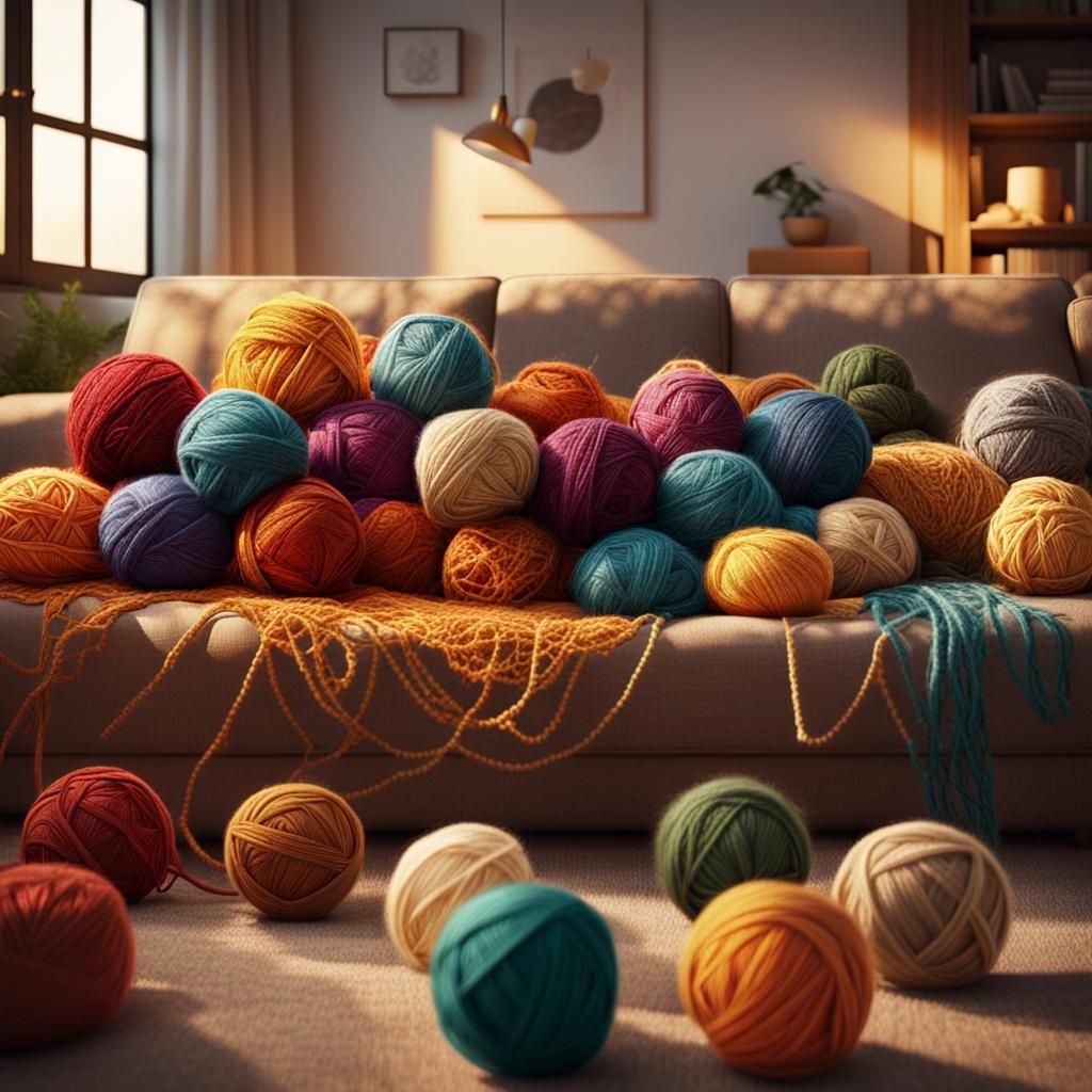 Cozy Living Room with Colorful Yarn in Fantastic Realism