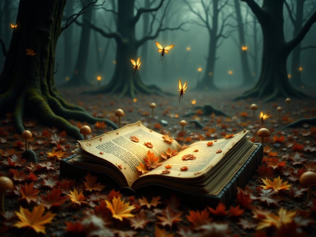 Enchanted Forest Spellbook with Fairies and Bokeh Lights