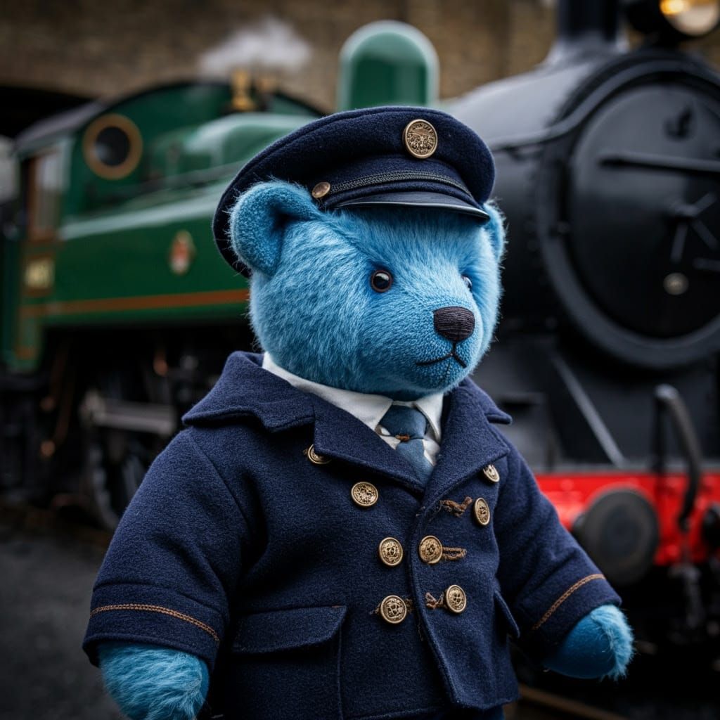 A Teddy Bear in a Vintage Steam Locomotive Uniform