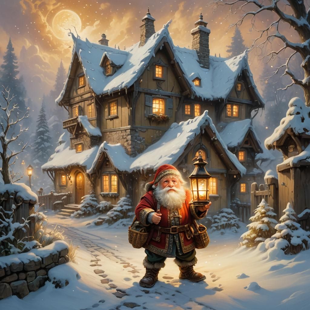 Dwarf and Snow White in Ethereal Winter Cottage