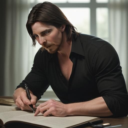 Christian Bale Writing Book with Knife: Sharp Photo