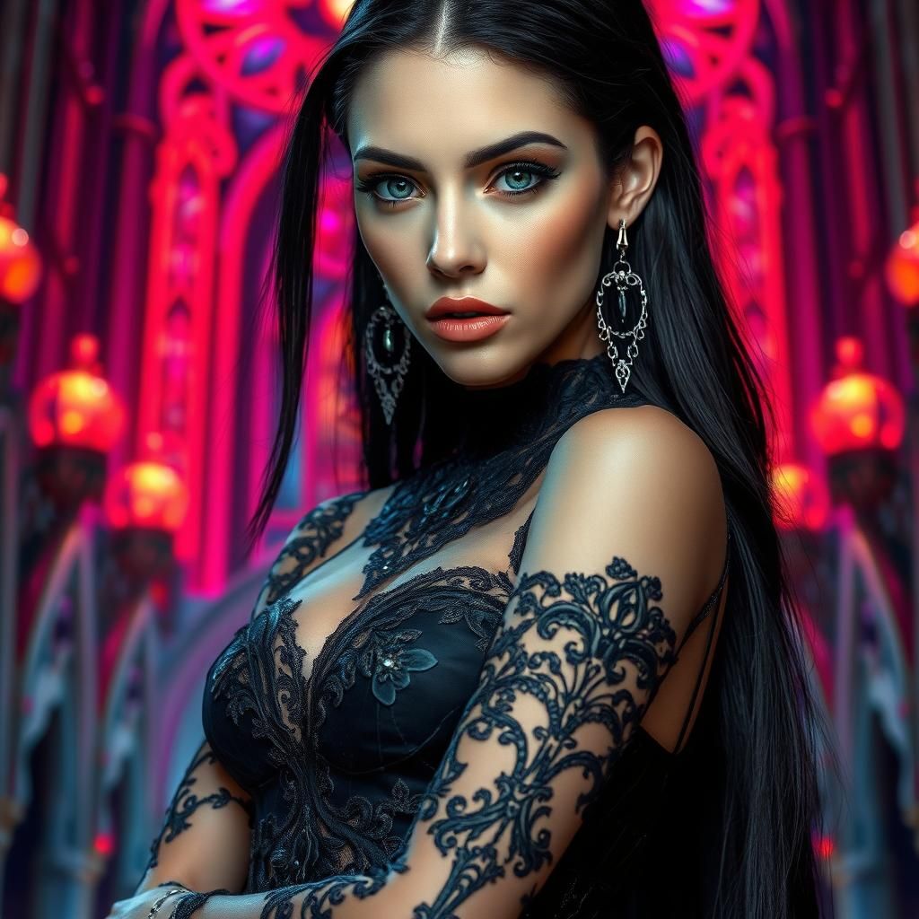 Ethereal Woman in Sci-Fi Neon Cathedral