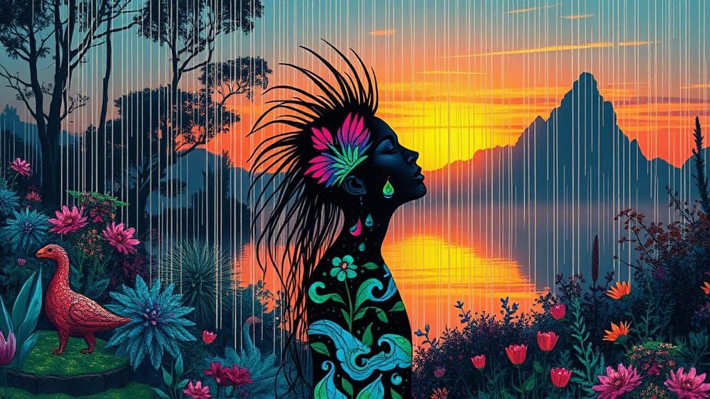 Surreal Rainy Night Garden with Stained Glass Plants