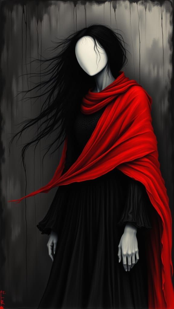 Woman in Shadows with Red Scarf, Oil Painting Style