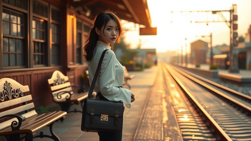 Nostalgic Train Station Scene in Film Noir Style