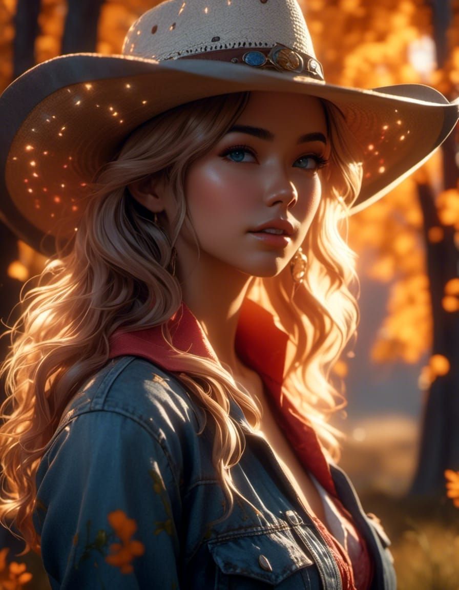 Cowgirl with Straw Hat in Anime-Realism Style