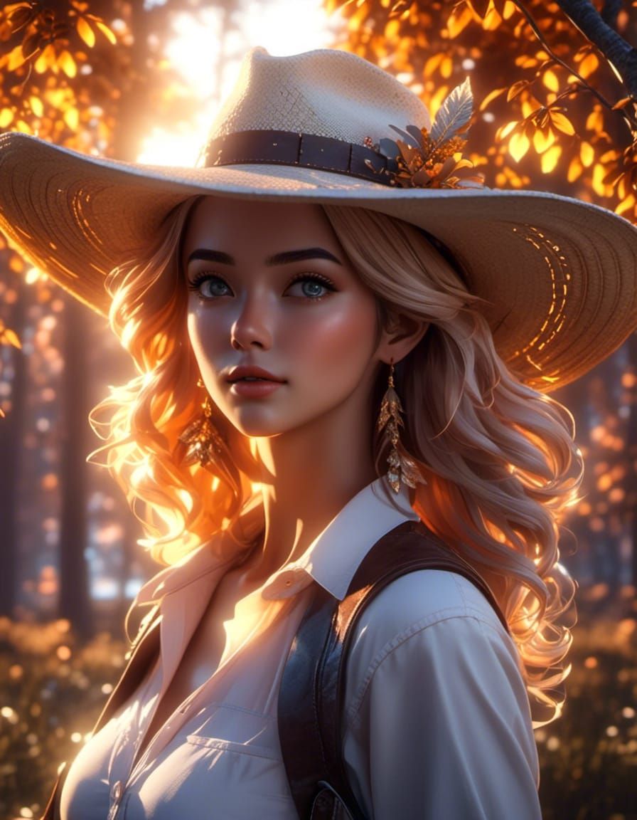 Cowgirl in Straw Hat at Sunrise, Anime Realism