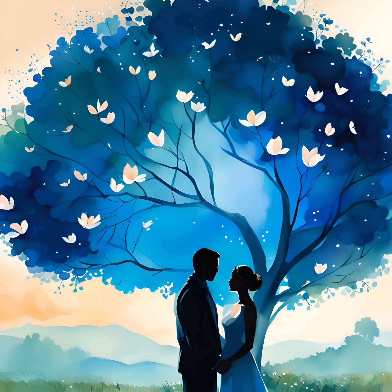 Happy Couple Under Blue Blossom Tree Watercolor