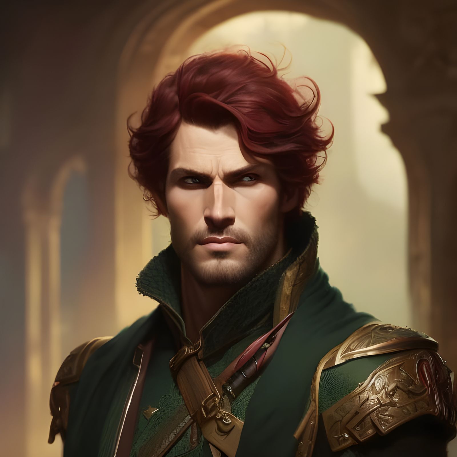 Red-Haired Man with Green Eyes in Fantasy Art Style