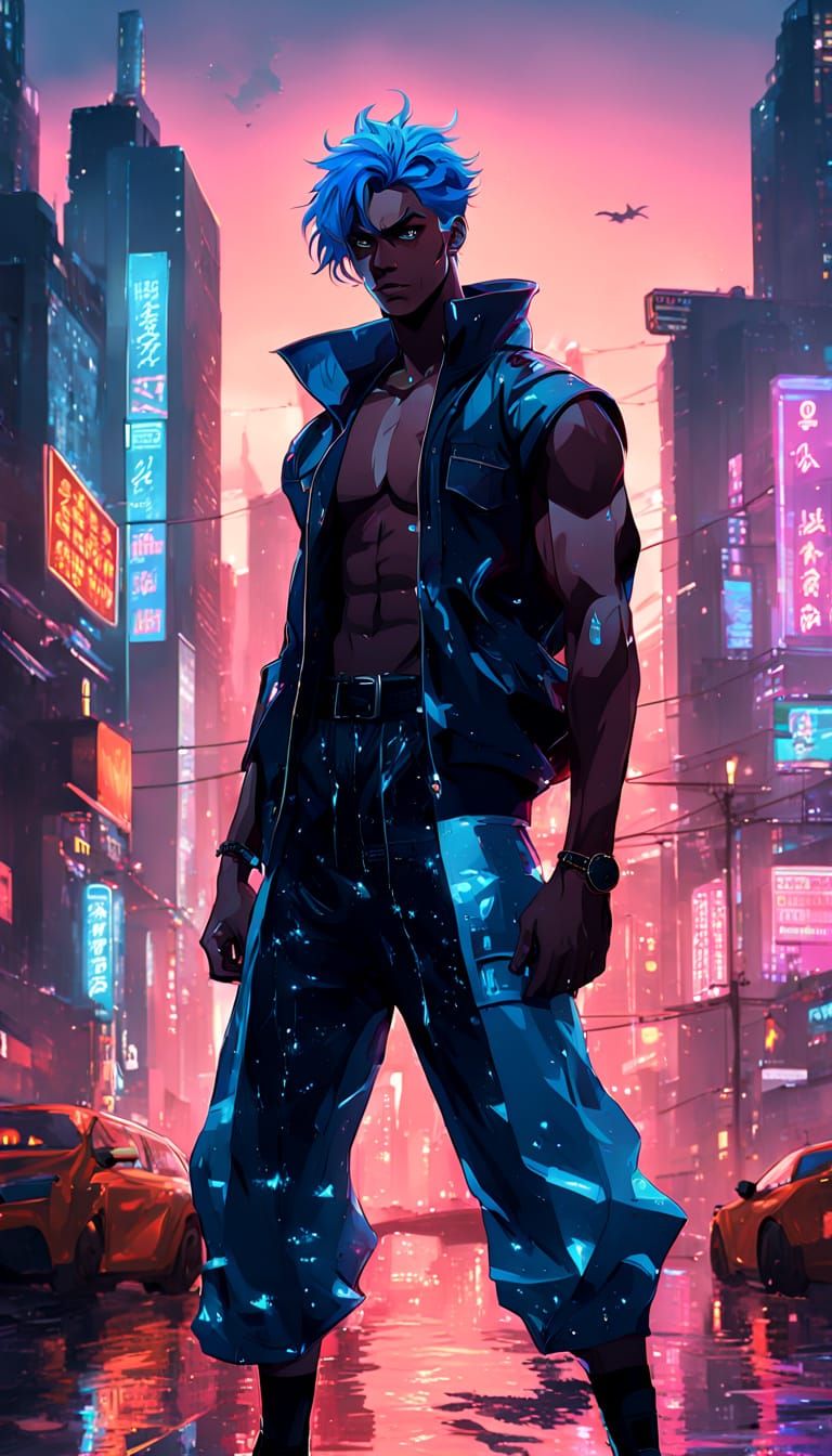 Cyberpunk Hero in Golden Hour, Muscular Black Man with Blue ...