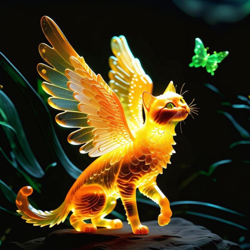 Angelic Feline Sculpture in Vibrant Bioluminescent Orange an...