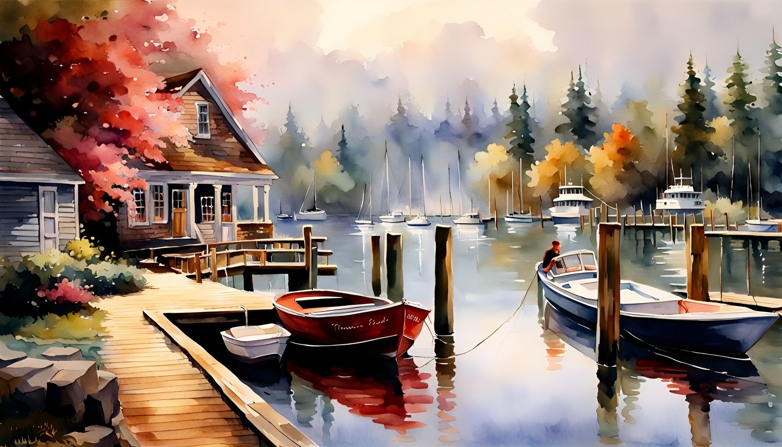 Hyperrealistic Boat Dock in Watercolor Style
