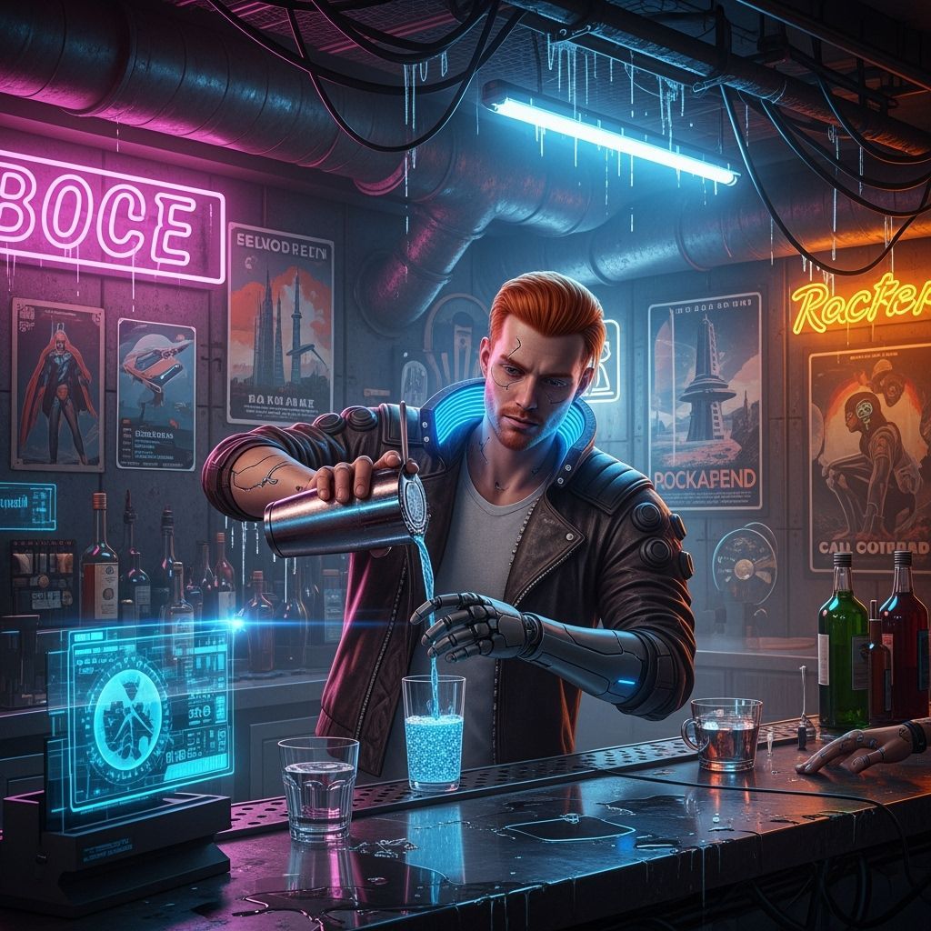 Cyberpunk Bartender Pours Electric Blue Drink