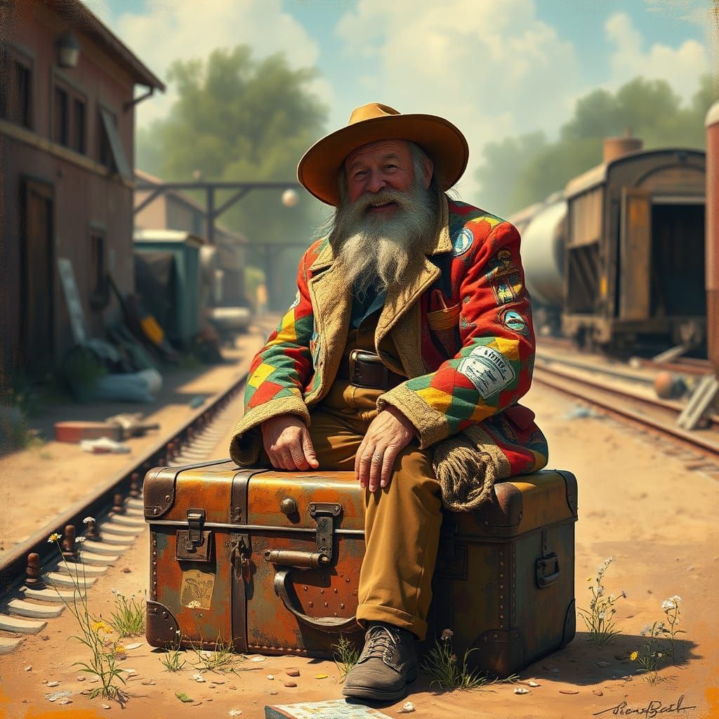 Happy Hobo King in Sun-Drenched Railroad Yard