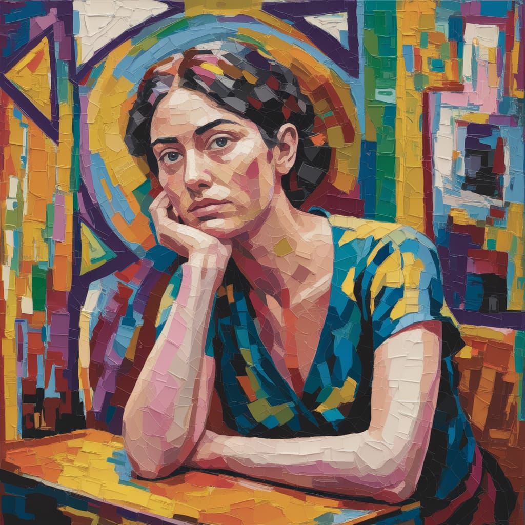 Contemplative Woman in Cubist Portrait