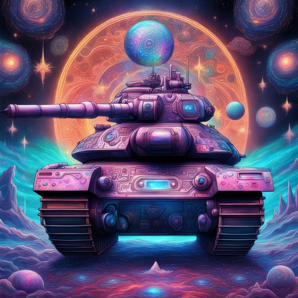 Holographic Tank: Cosmic Mixed Media Illustration