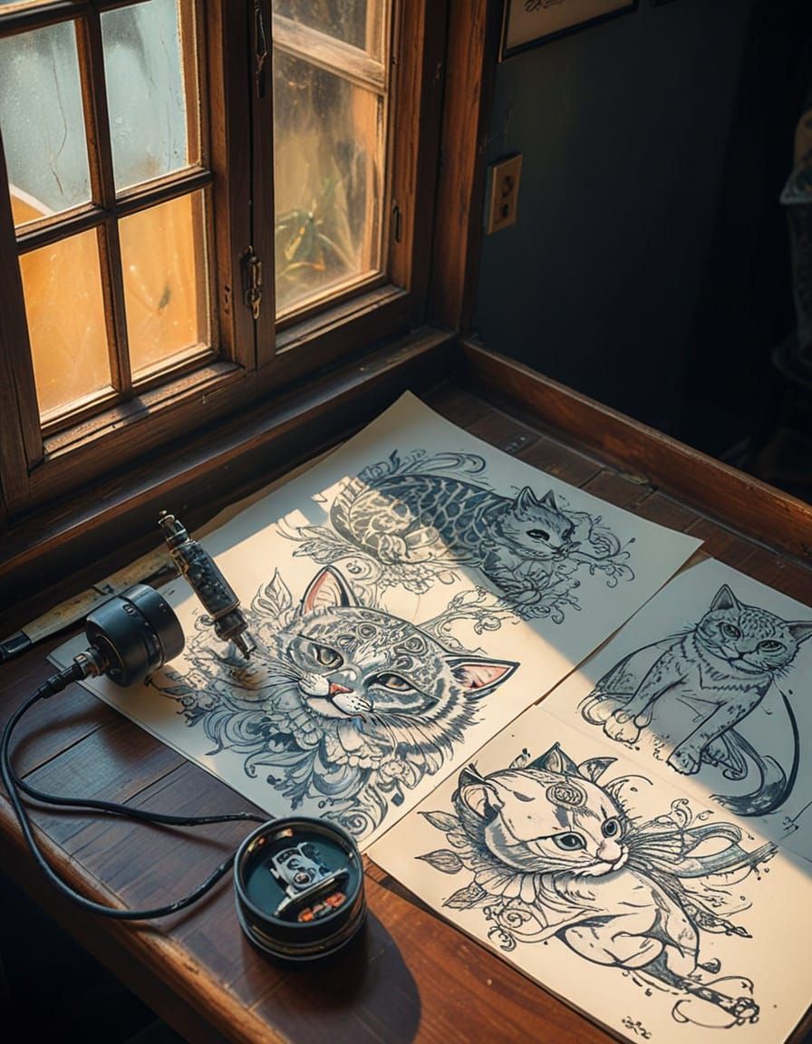 Feline Thai Art Tattoo Sketches in Impressionist Style