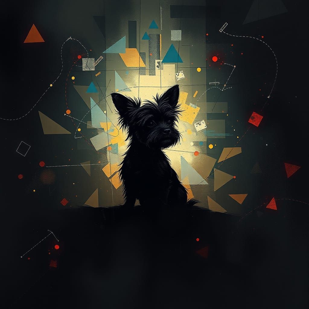 Yorkie Silhouette Amidst Abstract Cosmic Chaos