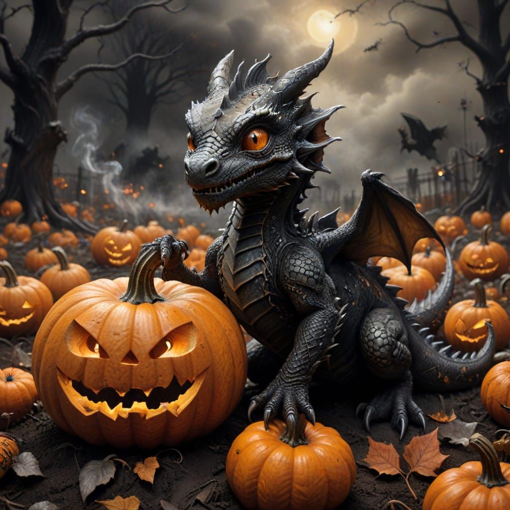 Baby Dragon Emerging From Halloween Pumpkin Patch Charcoal A...