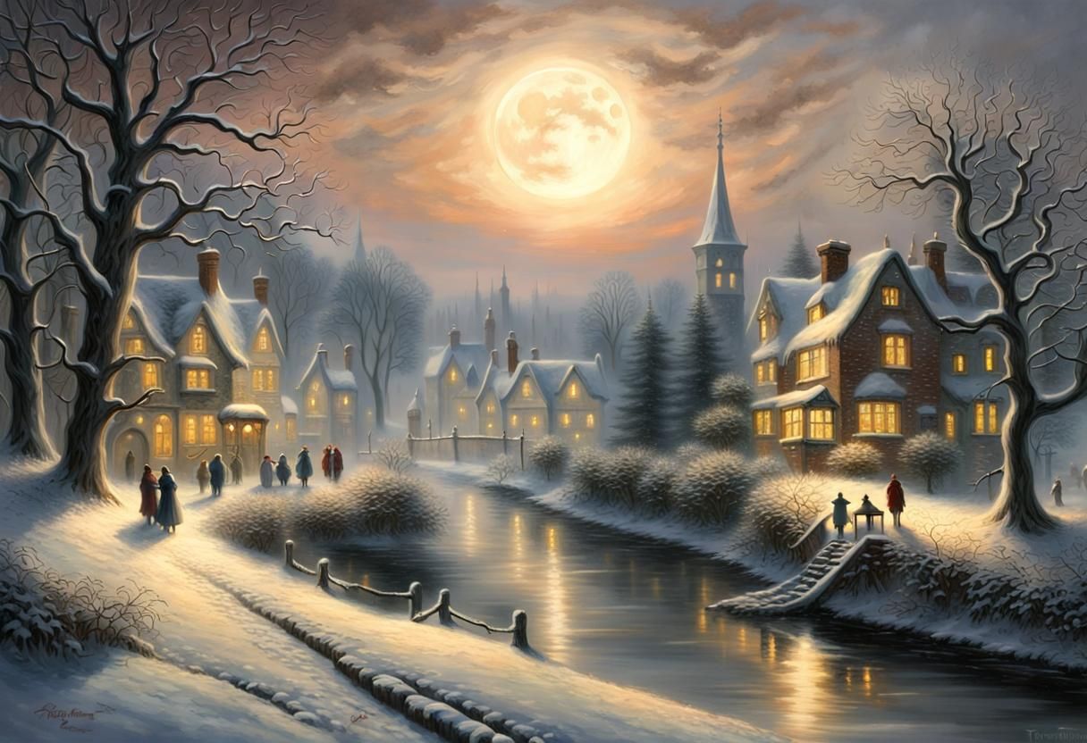 Victorian Christmas Village in Snow Under Full Moon