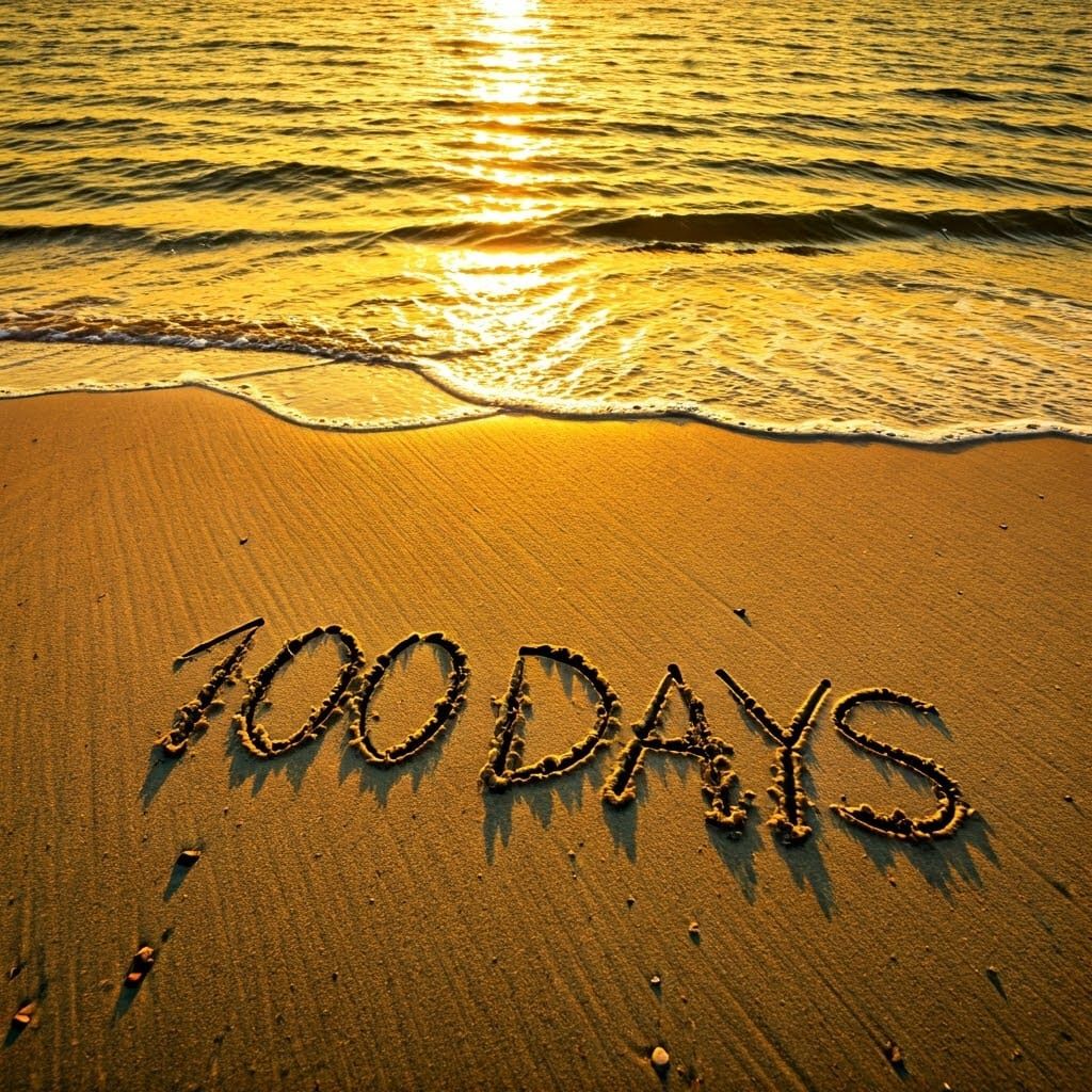 100 Days Written in Beach Sand at Golden Hour